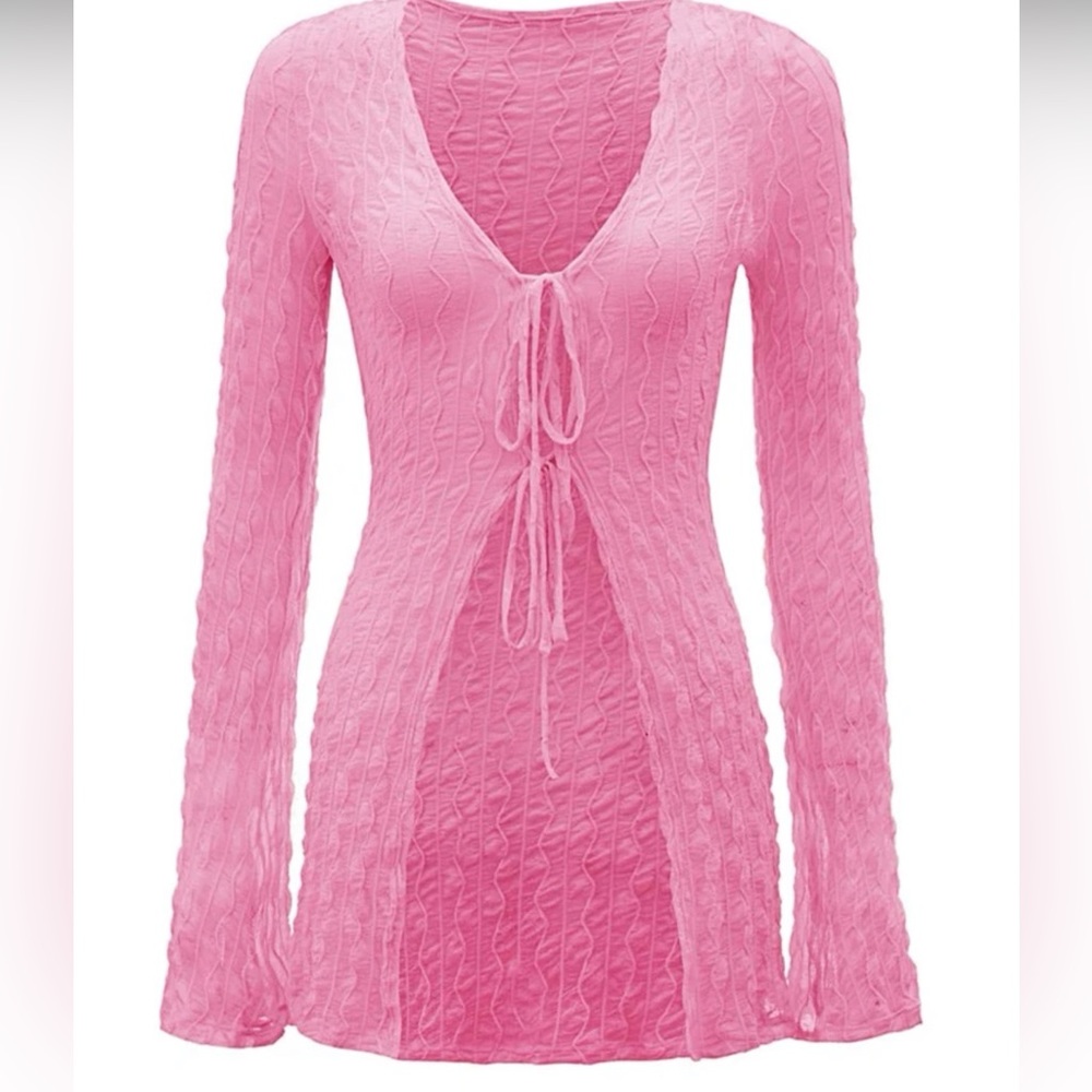 ICON Dopamine Dressing Bell Sleeve Tie Front Textured Sheer Top